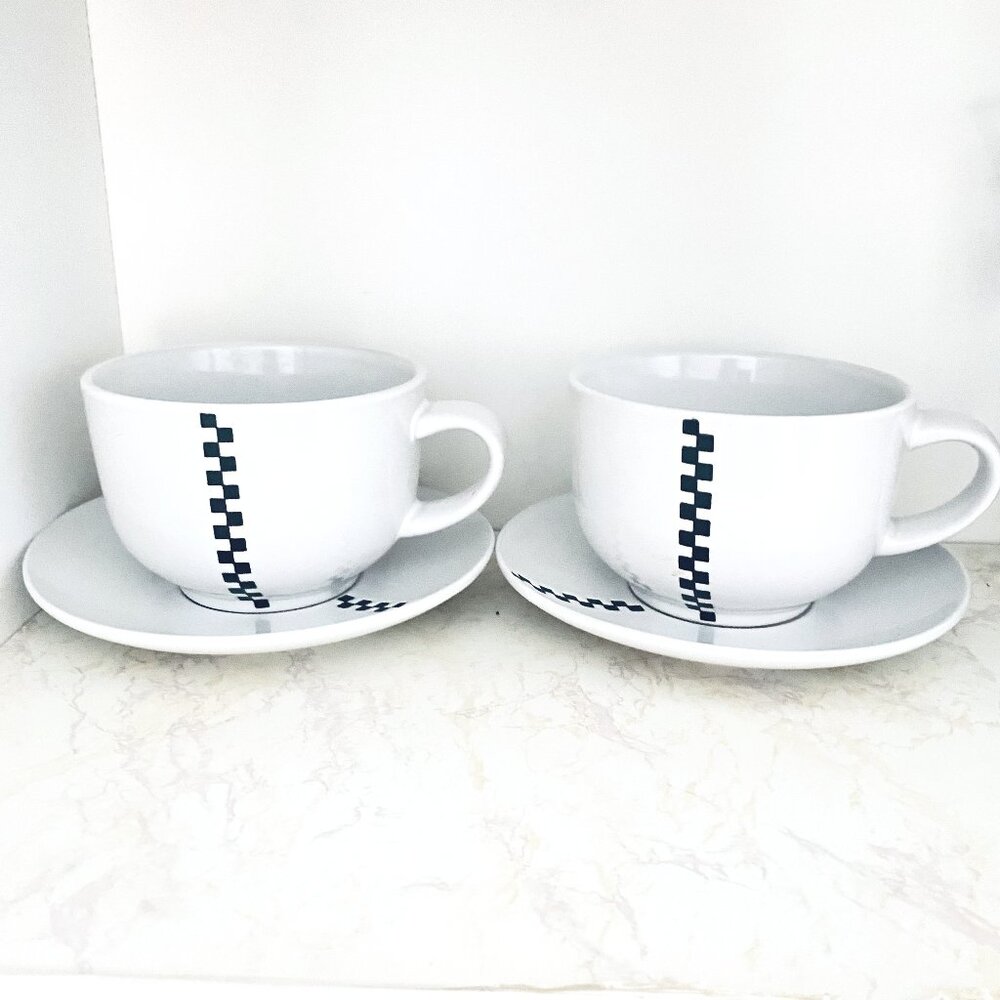 Zigzag Black and White Cappuccino Cup and Saucer Set of 2